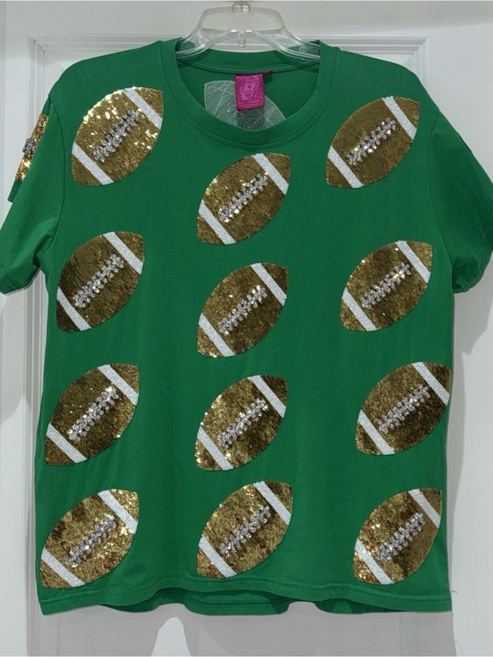 🏈Stunning NWOT Queen Of Sparkles M Sequins & Rhinestones Football Tee